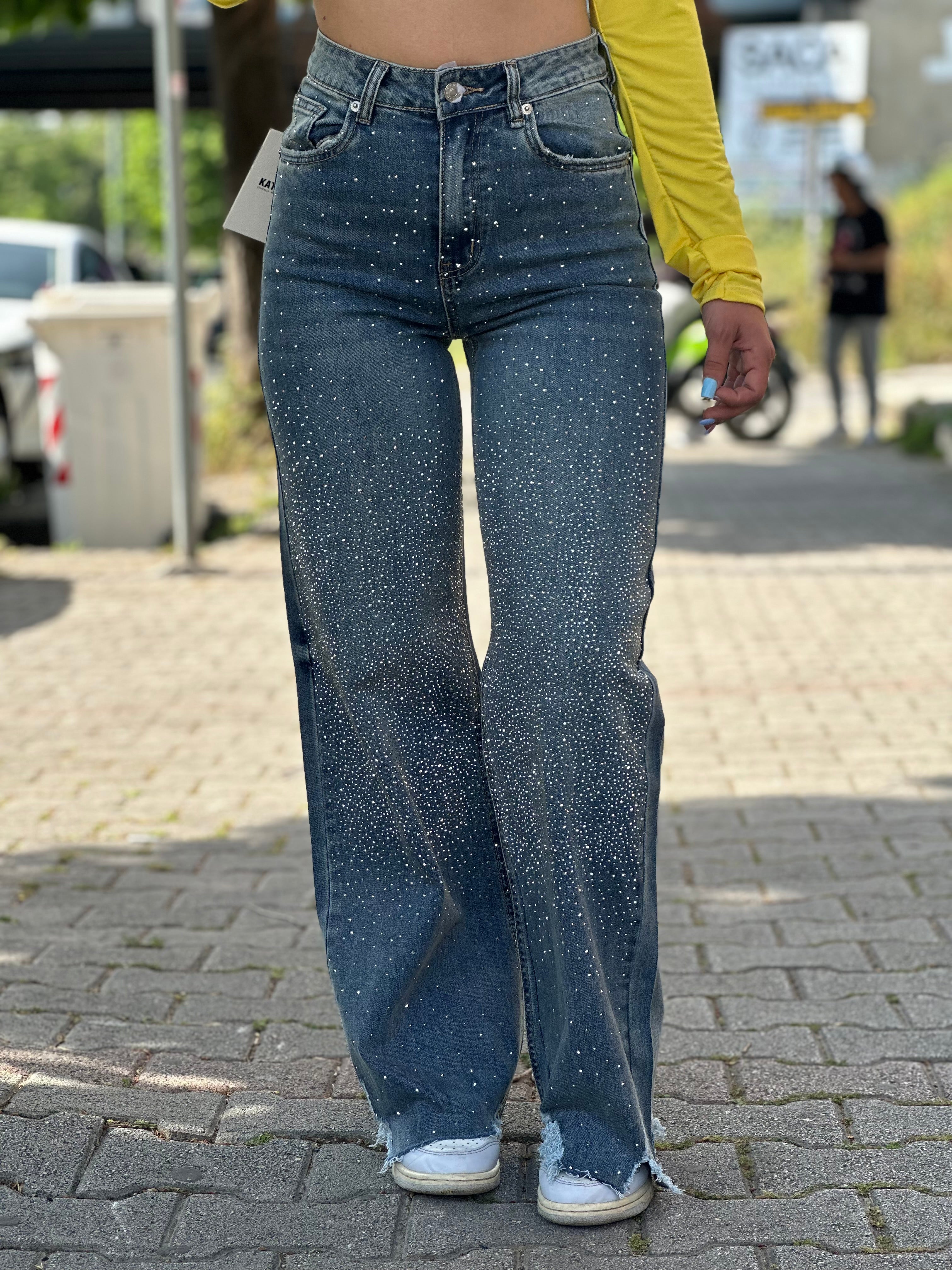 Jeans brillantinato a palazzo