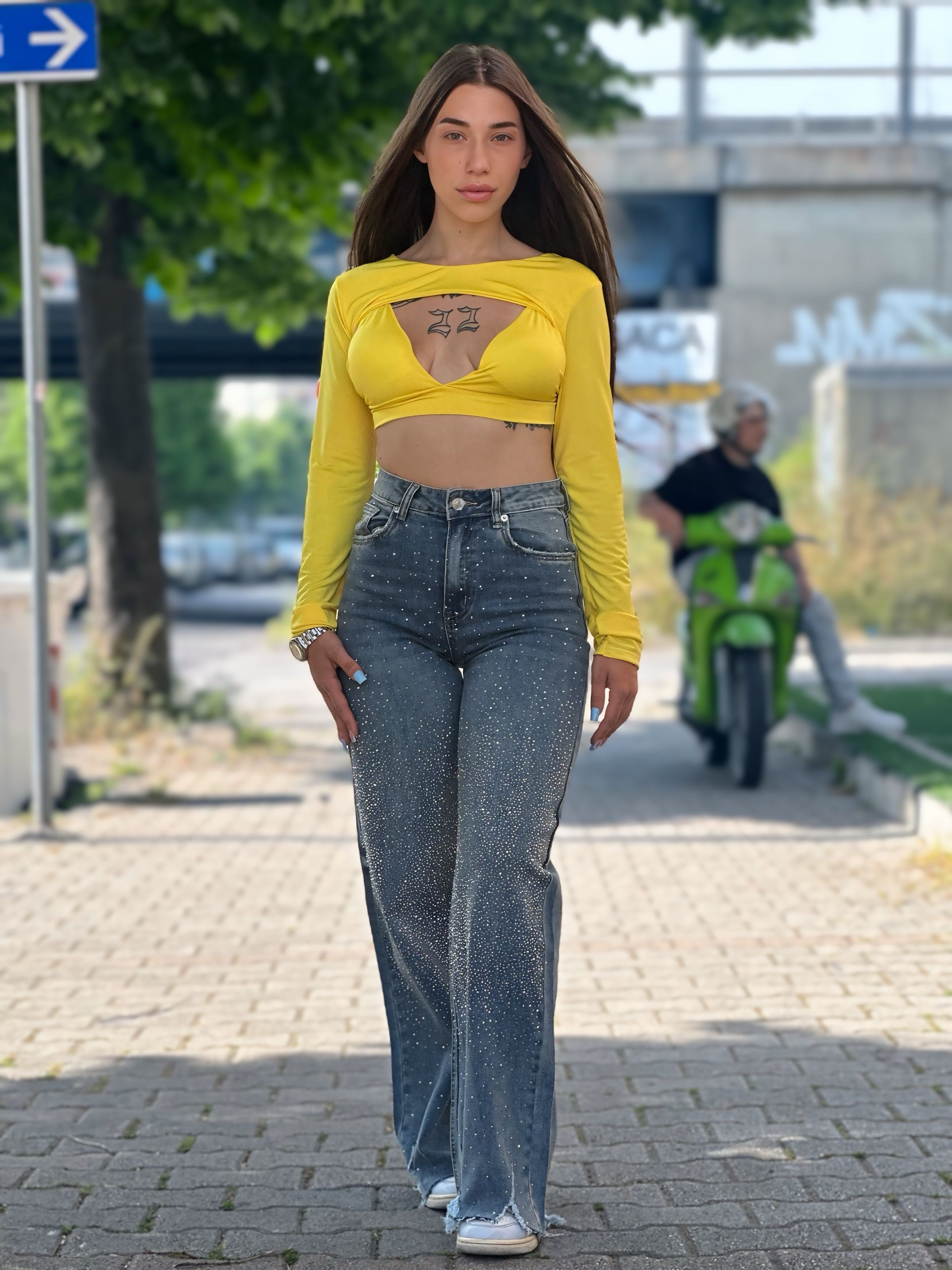 Jeans brillantinato a palazzo
