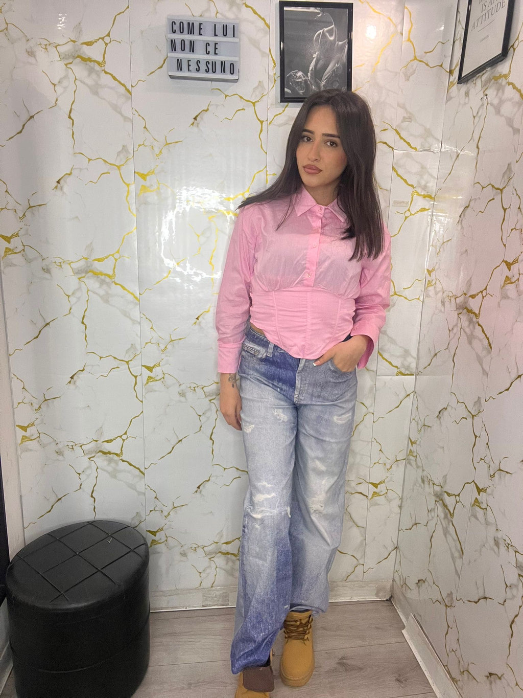 Jeans con tasca brillantinata a palazzo