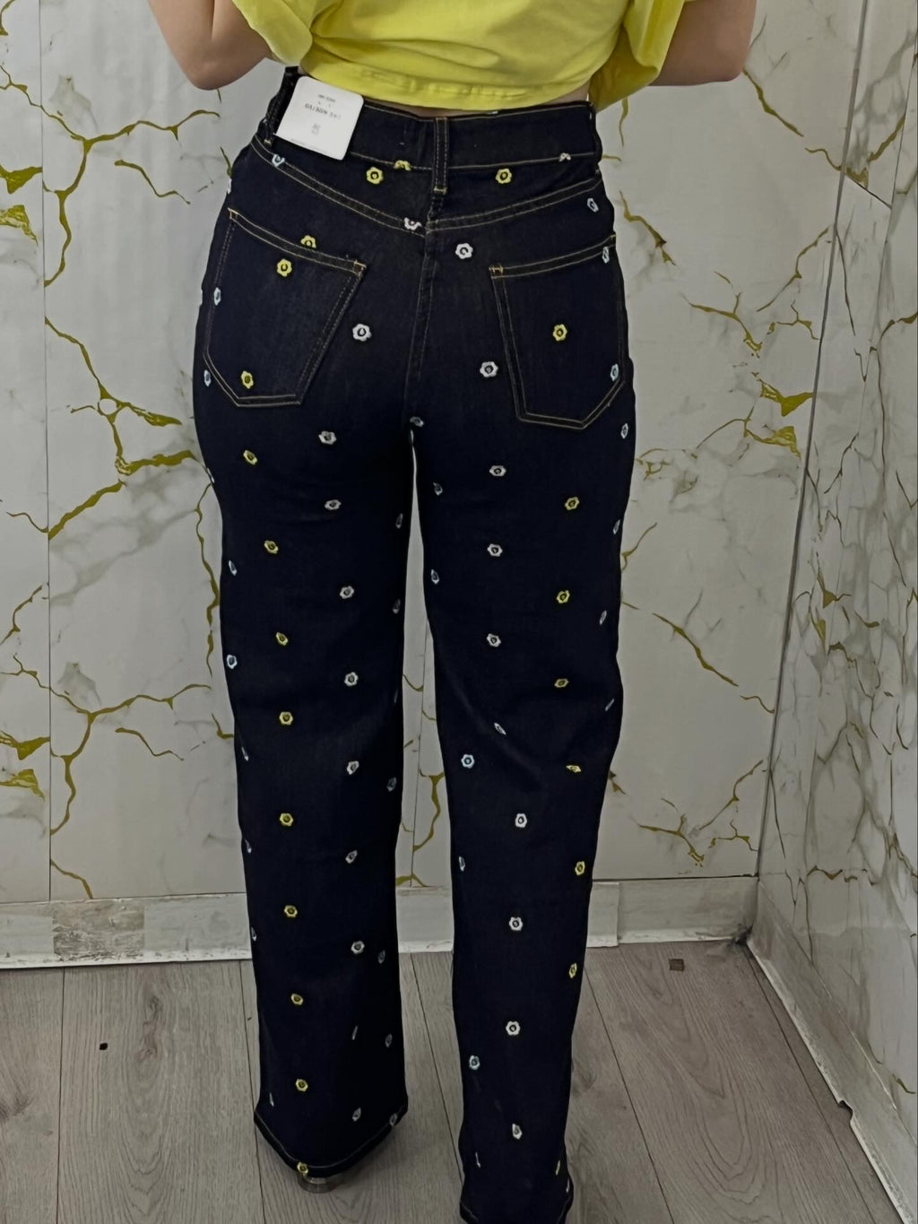 Jeans con fiori denim scuro