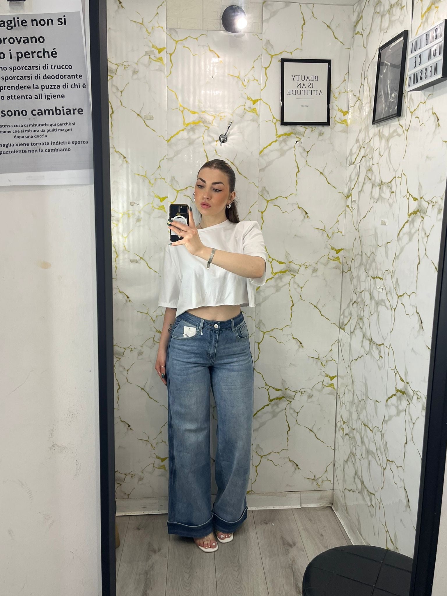 Jeans a palazzo con risvolto in denim
