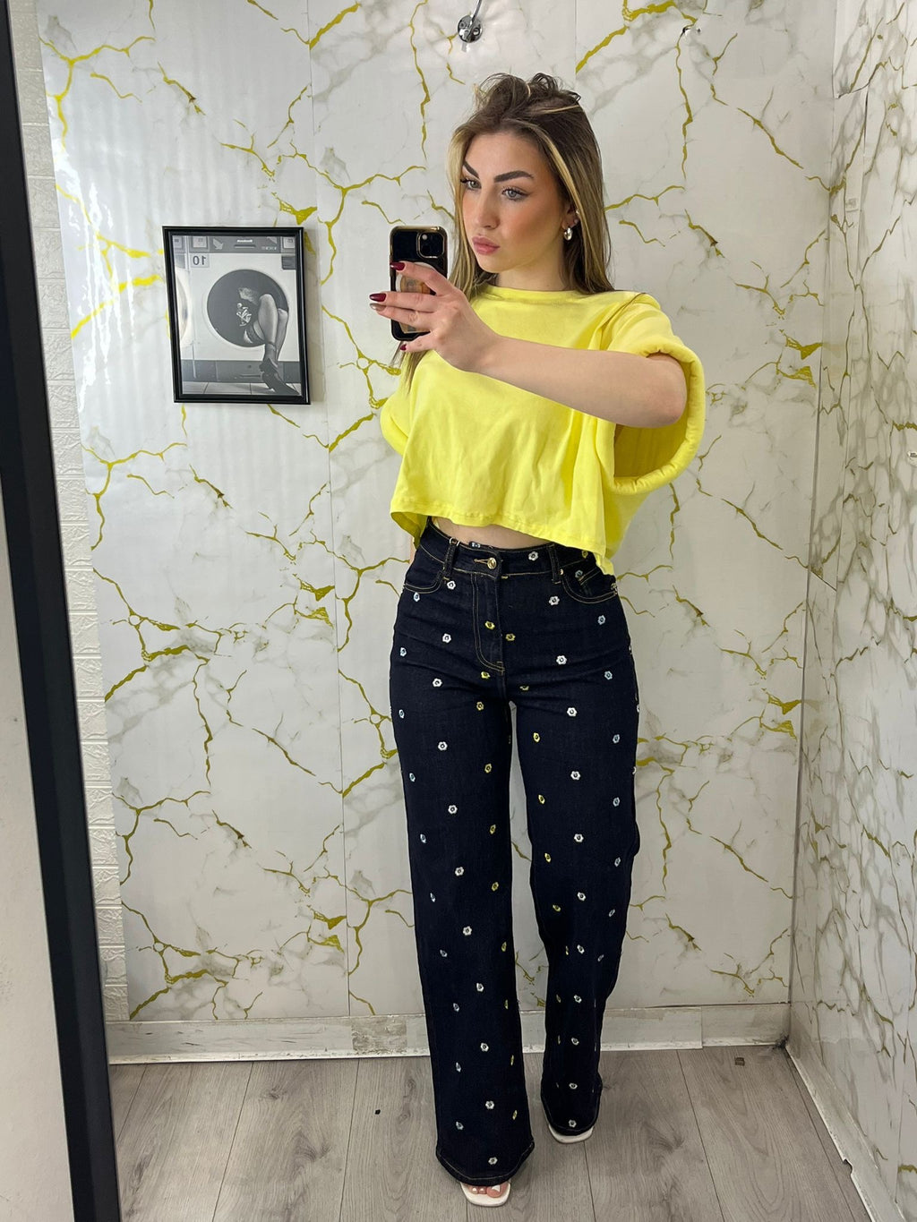 Jeans con fiori denim scuro