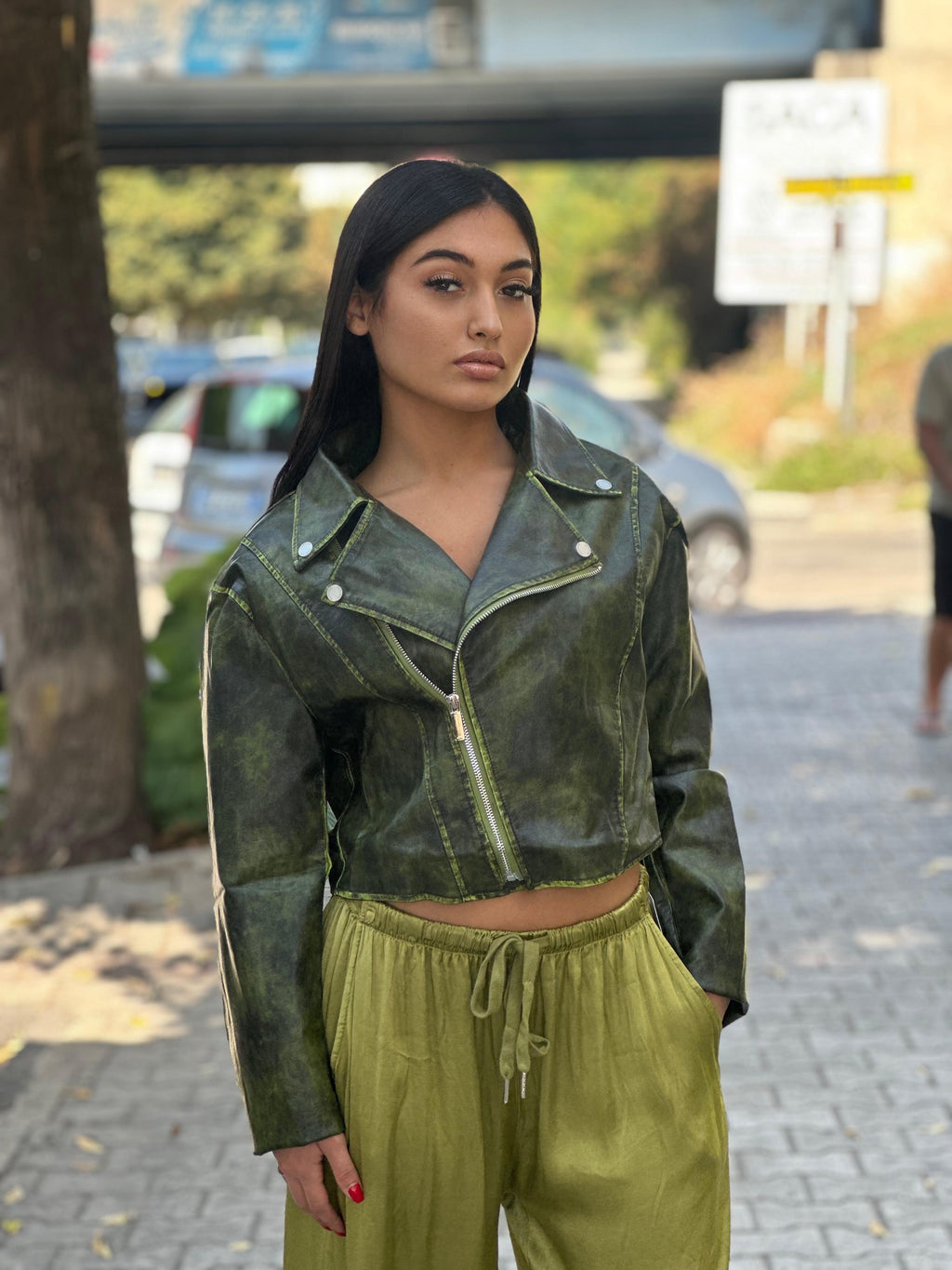 Giaccha ecopelle stone washed verde