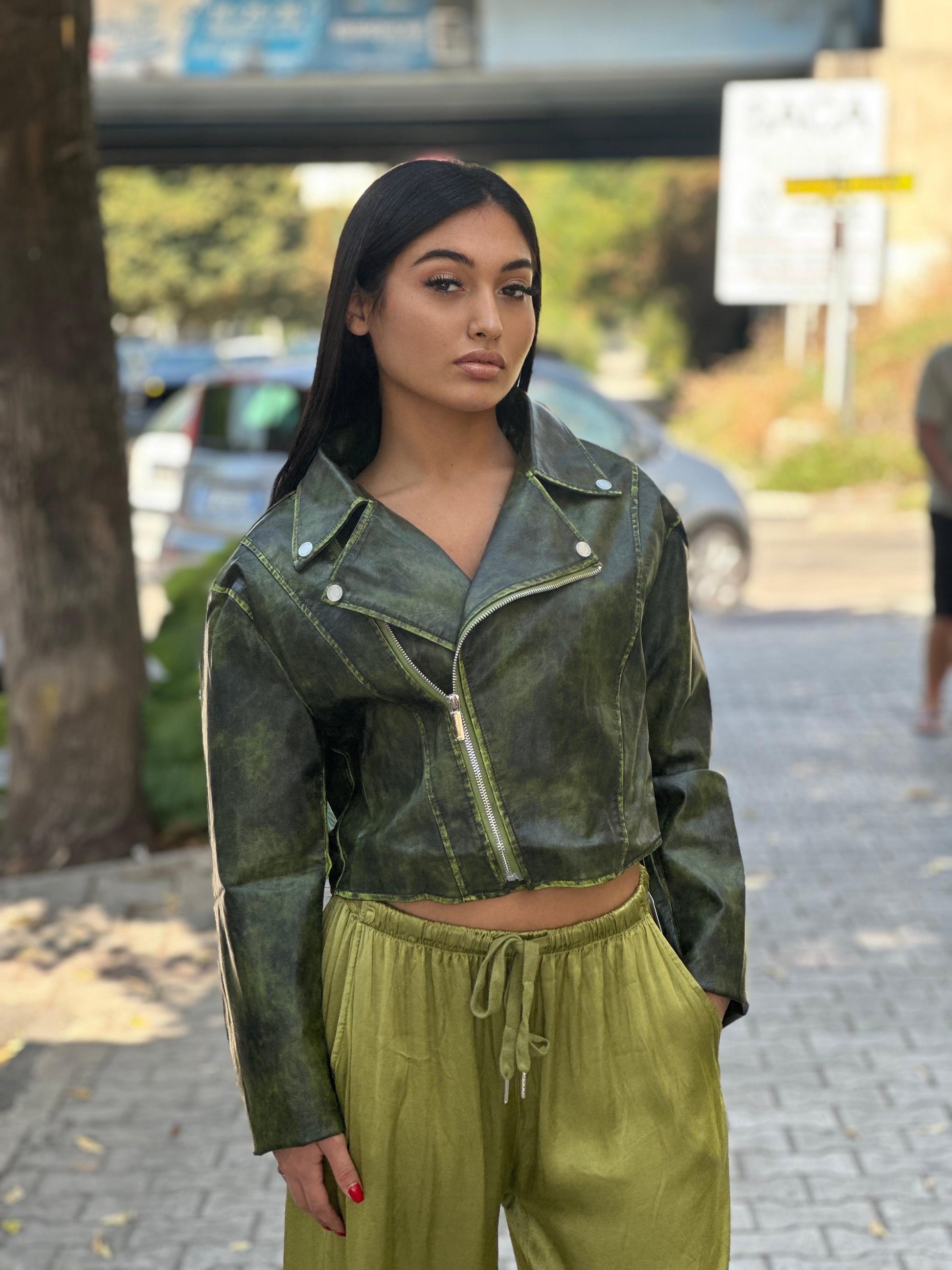 Giaccha ecopelle stone washed verde