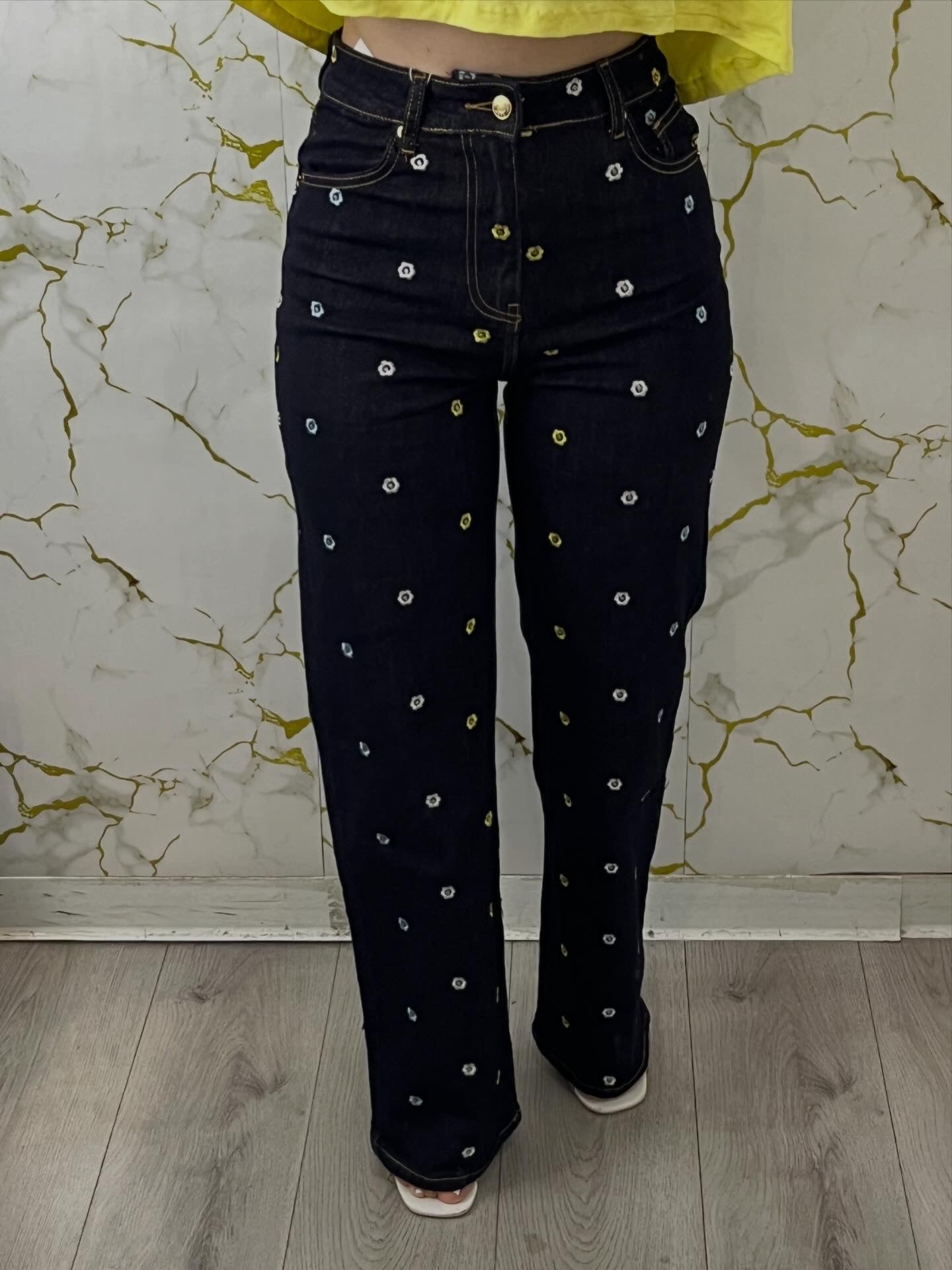 Jeans con fiori denim scuro