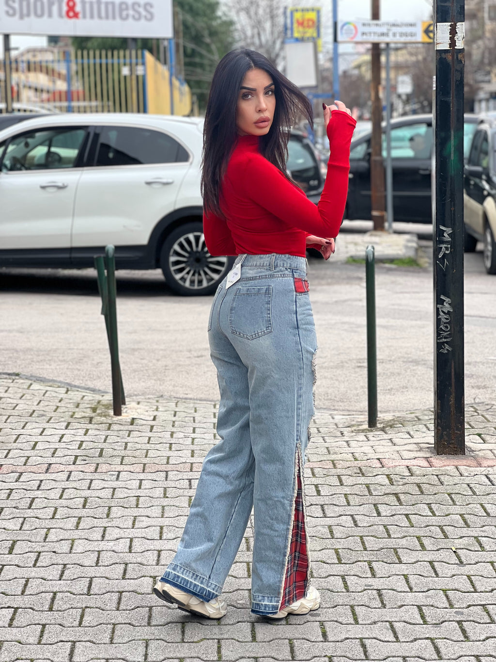 Jeans con tessuto tartan
