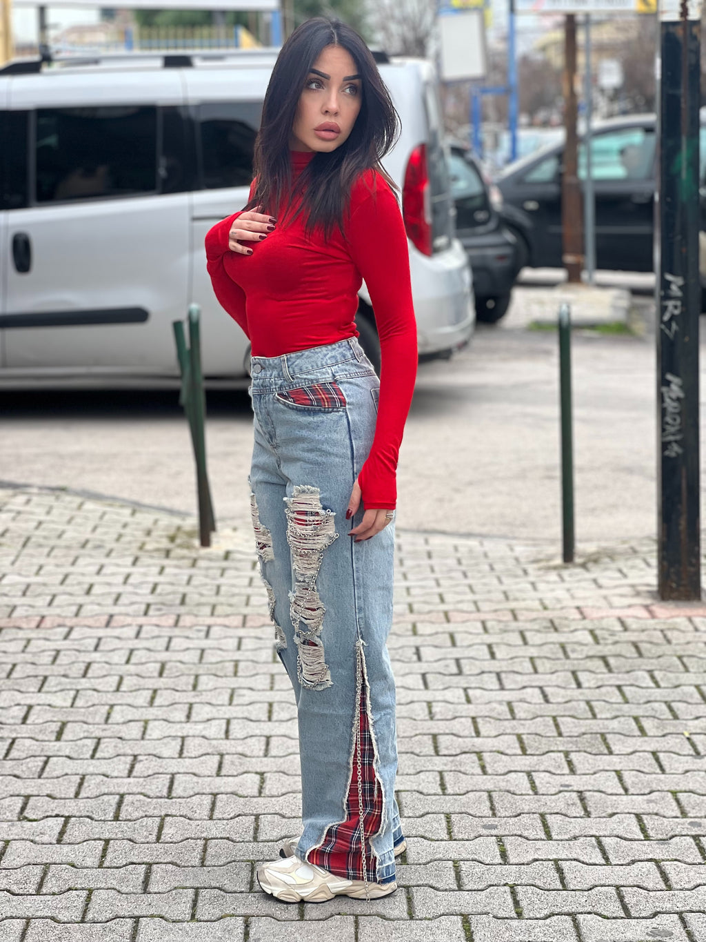 Jeans con tessuto tartan