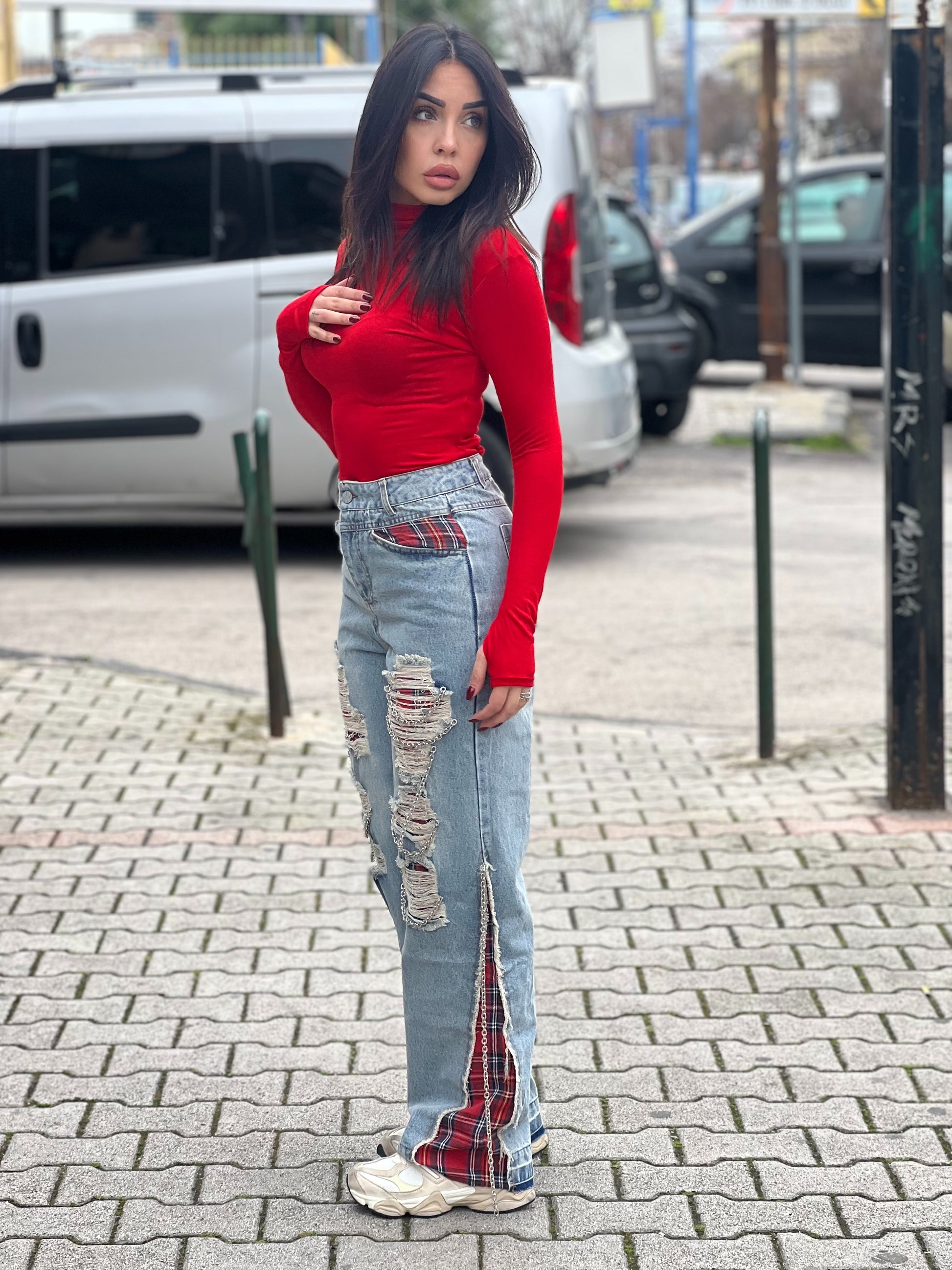 Jeans con tessuto tartan