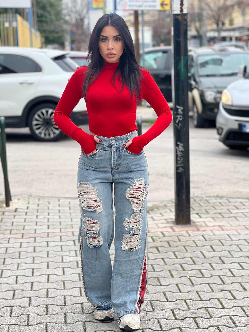 Jeans con tessuto tartan