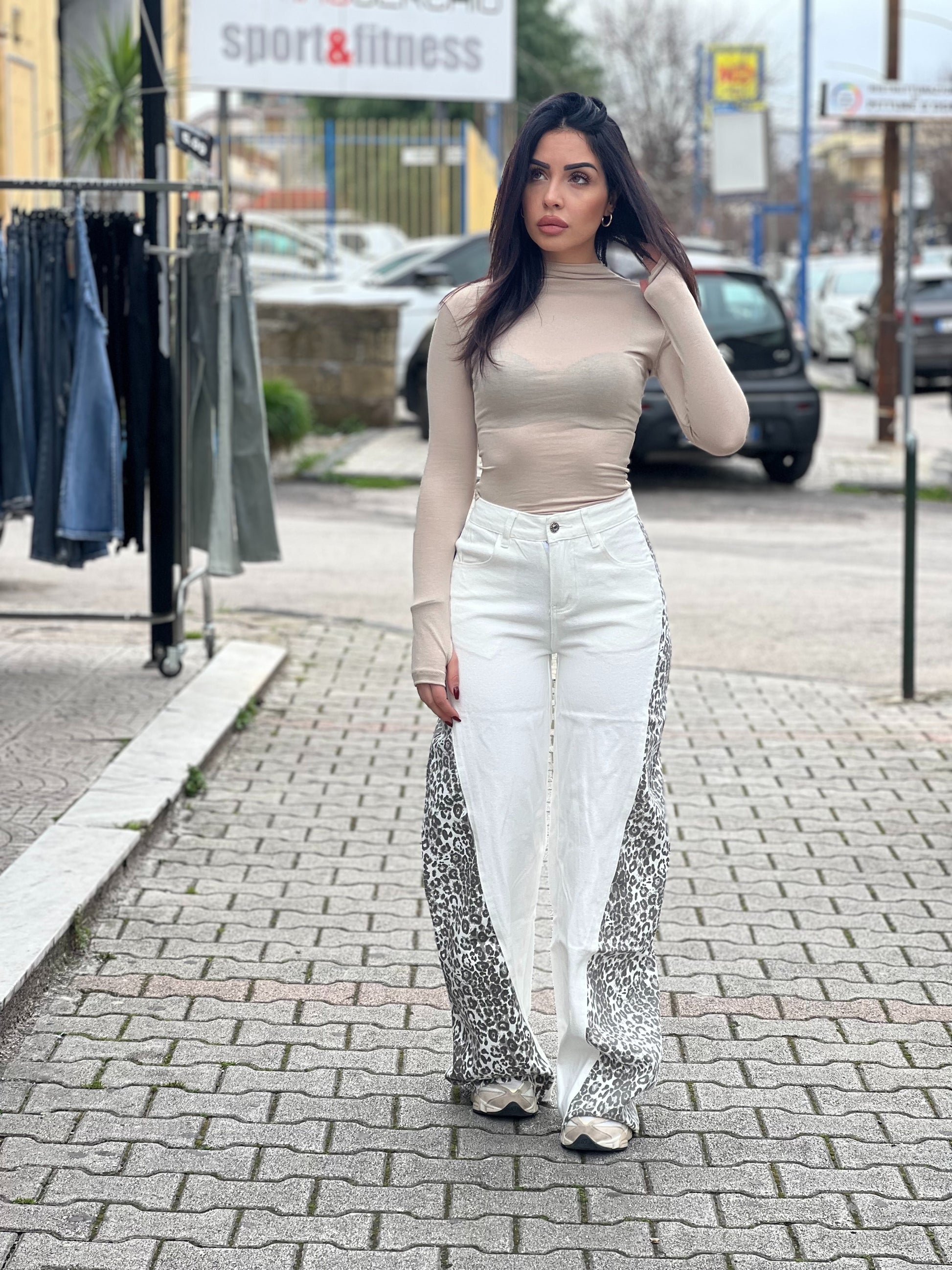 Jeans palazzo animalier bianco