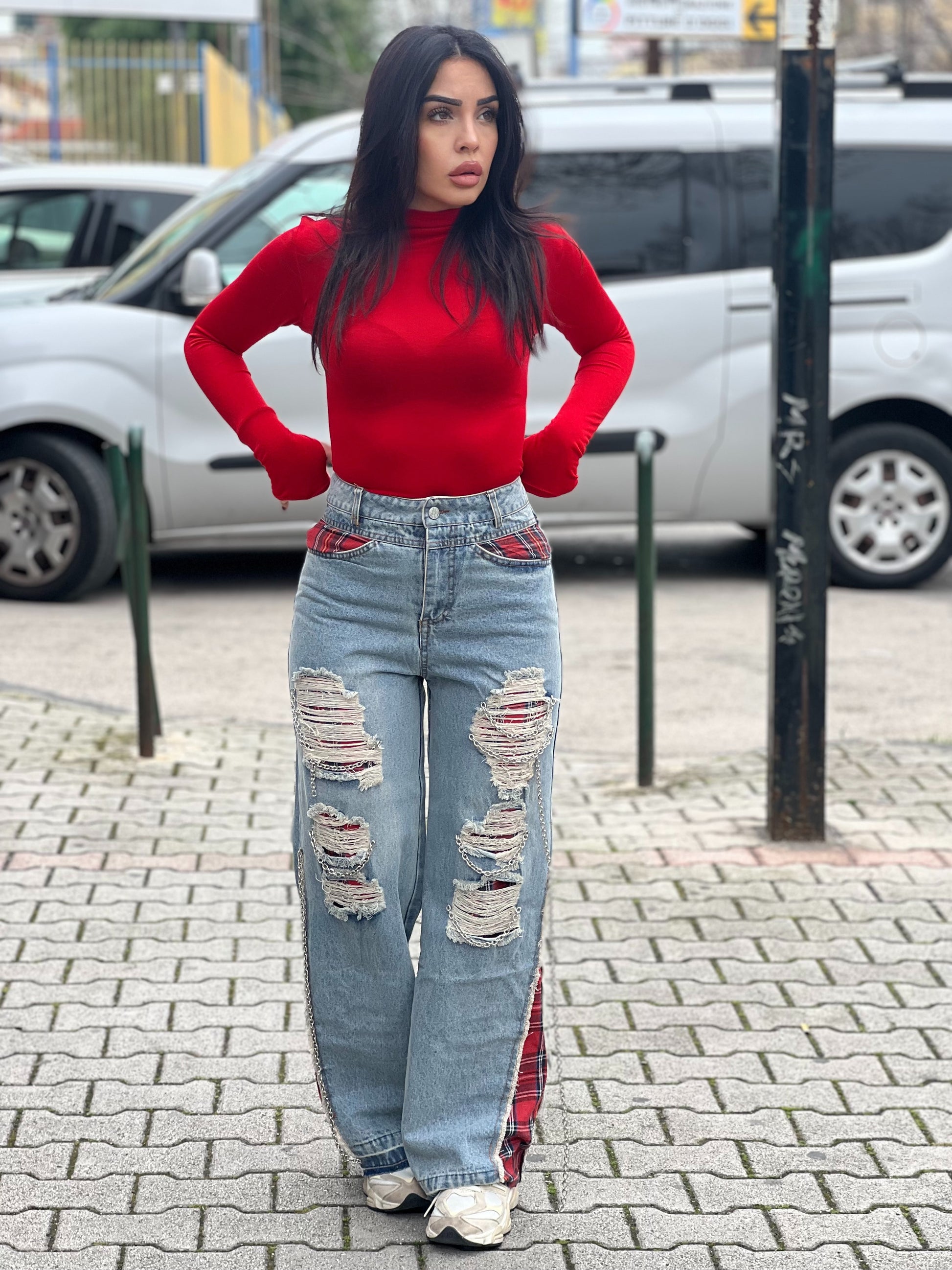 Jeans con tessuto tartan